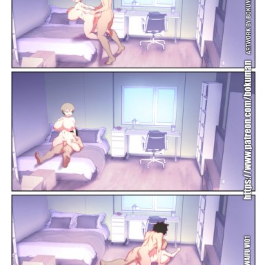 uzaki-chan wa asobitai!, sakurai shinichi, uzaki hana, bokuman, 1boy, areolae, arm support, ass, back, bare back, barefoot, bed, bedroom, bent knees, bent over