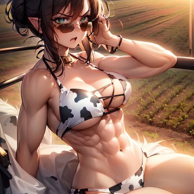 stable diffusion, black hair, cow ears, cow horns, cowbell, curvy figure, female focus, female only, looking at viewer, muscular female, seductive look, voluptuous female, 2023, ai generated, hi res