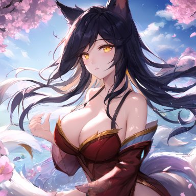 league of legends, ahri, stable diffusion, 1girls, animal ears, big breasts, black hair, cherry blossoms, cleavage, female, female only, fox ears, hair, large breasts, light-skinned female