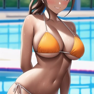 danganronpa, danganronpa: trigger happy havoc, asahina aoi, n.c.b ai, nai diffusion, stable diffusion, big breasts, bikini, blush, breasts, brown hair, dark-skinned female, dark skin, high ponytail, large breasts