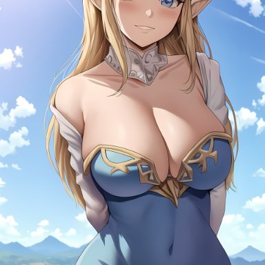 breath of the wild, nintendo, the legend of zelda, hylian, princess zelda, zelda (breath of the wild), 1girls, blonde hair, blue eyes, breasts, cleavage, female, huge breasts, light-skinned female, light skin