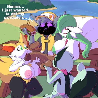 pokemon, braixen, gardevoir, kaka (blazblue), katsukaka (taokakaguy), meowscarada, pok&#233;mon (species), pokemon (species), werewolf albert, 1boy, anthro, background, ball fondling, ball kissing, beach