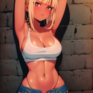 stable diffusion, armpits, arms behind back, arms up, blonde hair, curvy body, curvy female, curvy figure, denim skirt, female, female focus, female only, gyaru, long hair, looking at viewer