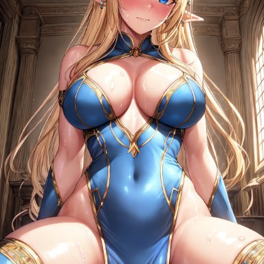 original, original character, holaraai, stable diffusion, 1girls, ailovehigokko, blonde hair, blue eyes, blush, breasts, cleavage, elf, elf ears, elf female, female