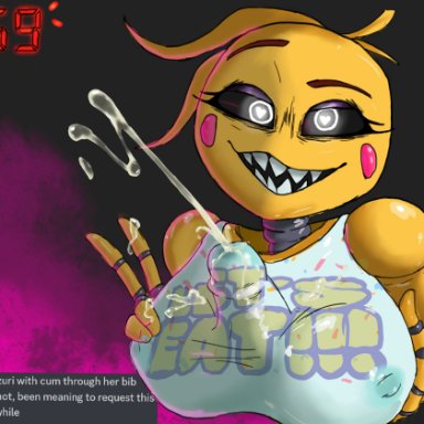 five nights at freddy's, five nights at freddy's 2, fnaf, chica (fnaf), lovetaste chica, toy chica (fnaf), cottt(artist), black sclera, clock, cum, cum through clothes, cum through clothing, cumshot, dominant female, ejaculation