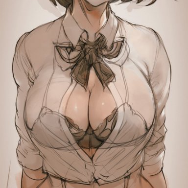 kill la kill, matoi ryuuko, parkjinsuky, 1girls, big breasts, bra, clothing, curvy female, medium hair, panties, school uniform, teenager, teeth, voluptuous, 2d