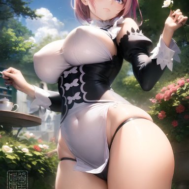 ram (re:zero), oppaissance, stable diffusion, big breasts, female focus, female only, looking at viewer, maid apron, maid outfit, maid uniform, pink hair, seductive look, short hair, voluptuous female, ai generated