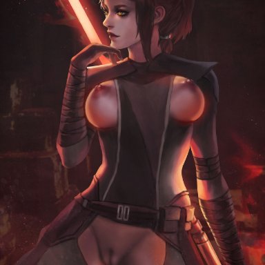 knights of the old republic, star wars, bastila shan, monorirogue, bandages, bodysuit, breasts, breasts out, brown eyes, brown hair, exposed pussy, exposed thighs, functionally nude, lightsaber, looking away