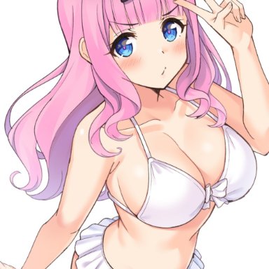 fujiwara chika, 1girls, anime, arm up, arms, bangs, belly, belly button, big breasts, bikini, black bow, blue eyes, busty, curvy, curvy body