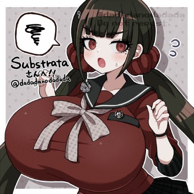 danganronpa, danganronpa v3, harukawa maki, dadadanoda, 1girls, annoyed, assassin, big breasts, black hair, blush, blushing profusely, breast focus, breasts, busty, cleavage