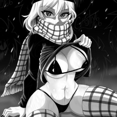 rage comics, trollface, trollface (ai), ghostly666, anthro, beanie, big breasts, bikini, black and white eyes, black beanie, black nails, breasts, breasts out, exposed breasts, exposed pussy