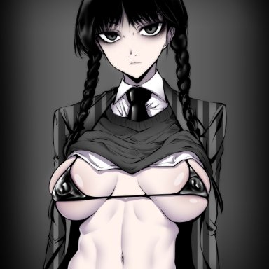 the addams family, wednesday (netflix), wednesday addams, gggg, 1girls, bikini, black hair, braided hair, breasts, female, goth, goth girl, looking at viewer, micro bikini, shirt up