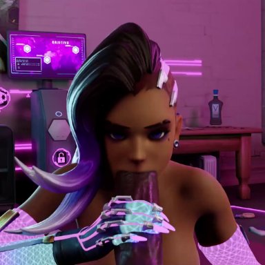 blizzard entertainment, fhd, overwatch, sombra, grand cupido, hentaivr, hentaudio, 1boy, areolae, bare shoulders, breasts, clothing, dark-skinned female, dark-skinned male, dark skin