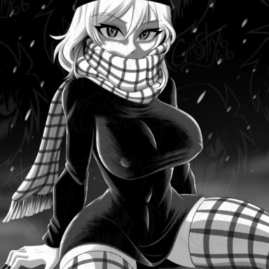 rage comics, trollface, trollface (ai), ghostly666, anthro, beanie, big breasts, black and white eyes, black beanie, black nails, breasts, breasts out, clothed, clothing, exposed breasts