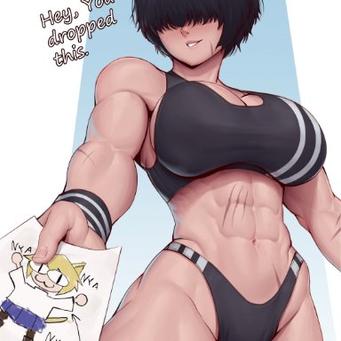 original, speedl00ver, abs, bangs, bangs over eyes, black hair, boob window, holding paper, large breasts, looking at viewer, muscular, muscular arms, muscular female, muscular thighs, pale-skinned female