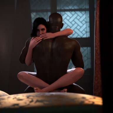 the witcher (series), the witcher 3: wild hunt, yennefer, qyti, 1girl1boy, bed, dark-skinned male, embrace, hugging, looking at viewer, muscular male, night, sitting on lap, sitting on person, upright straddle