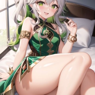 genshin impact, nahida (genshin impact), stable diffusion, adult, alternate age, ass, bare shoulders, bed, blush, breasts, cameltoe, dress, female, from behind, gradient hair