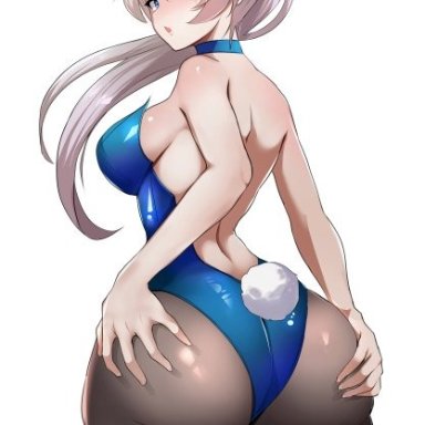 rwby, weiss schnee, lainart, 1girls, ass, blue eyes, breasts, bunny ears, bunny girl, bunnysuit, dat ass, female, grabbing own ass, highleg leotard, huge ass