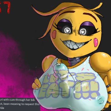 five nights at freddy's, five nights at freddy's 2, chica (fnaf), lovetaste chica, toy chica (fnaf), cottt(artist), animatronic, black sclera, female, female focus, female only, glowing eyes, large breasts, paizuri, paizuri under clothes