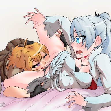 rooster teeth, rwby, weiss schnee, yang xiao long, khartemis, ass, big breasts, blonde hair, blue eyes, clothed sex, duo, female, female only, huge breasts, lesbian sex