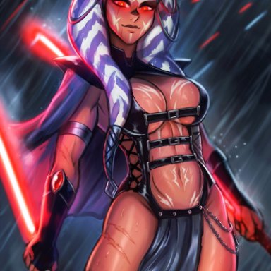 star wars, star wars rebels, ahsoka tano, togruta, iahfy, 1girls, alien, alien girl, athletic female, dual wielding, fingerless gloves, holding weapon, large breasts, lightsaber, loincloth