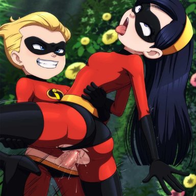 the incredibles, dash parr, violet parr, reit, 1boy, ahe gao, black hair, brother, brother and sister, female, incest, siblings, sister, tight clothing, torn clothes