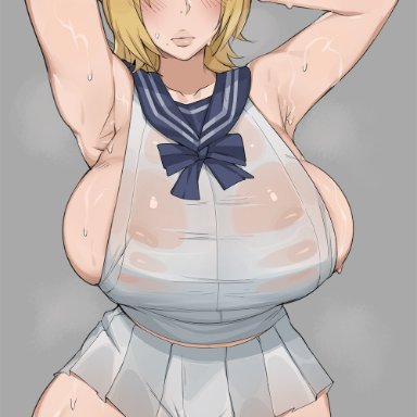 bleach, matsumoto rangiku, bobtheneet, 1girls, armpits, arms up, blonde hair, blue eyes, breasts, embarrassed, female, hips, huge breasts, massive breasts, sailor uniform