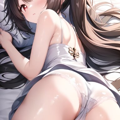 genshin impact, hu tao (genshin impact), alternate costume, ass, ass focus, bare shoulders, bed, blush, breasts, brown hair, cameltoe, female, from behind, gown, huge ass