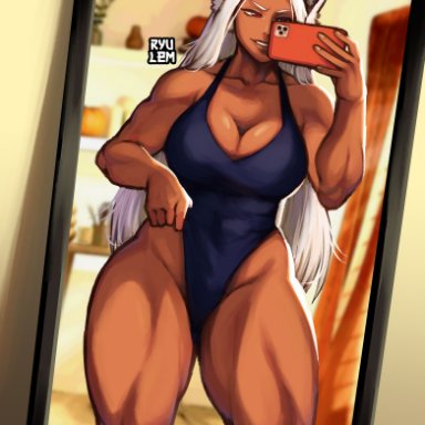 my hero academia, miruko, rumi usagiyama, ryulem, 1girls, biceps, breasts, bunny ears, bunny girl, cleavage, clothed, clothed female, clothes, clothes pull, clothing