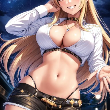 sono bisque doll wa koi wo suru, kitagawa marin, holaraai, stable diffusion, 1girls, ailovehigokko, blonde hair, booty shorts, breasts, cleavage, female, grin, gyaru, huge breasts, light-skinned female