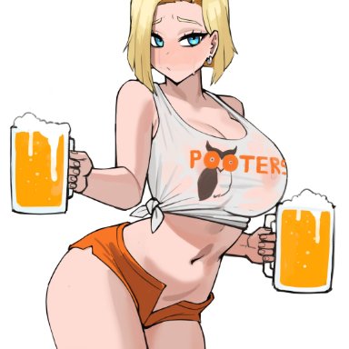 dragon ball, dragon ball z, hooters, android 18, donburikazoku, 1girls, big breasts, blonde hair, blue eyes, blush, breasts, female, female only, huge breasts, minishorts