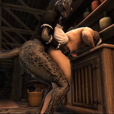 bethesda softworks, skyrim, the elder scrolls, argonian, lusty argonian maid, rayhuma, 1boy, 1futa, anal, anthro, big butt, breasts, clothed, clothing, futa on male