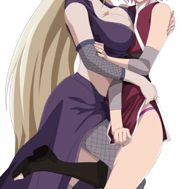 naruto, naruto: the last, naruto (series), ino yamanaka, sakura haruno, artist request, 2girls, annoyed, asymmetrical docking, big breasts, blonde hair, blue eyes, blush, boots, breast size difference