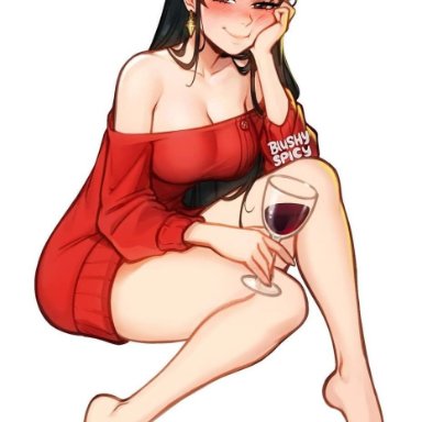 spy x family, yor briar, blushypixy, blushyspicy, 1girls, alcohol, bare shoulders, bare thighs, barefoot, black hair, blush, blushing at viewer, casual, casual clothes, cleavage