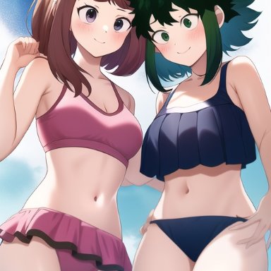 my hero academia, female deku, izuku midoriya, ochako uraraka, hypercummies, bathing suit, beach, blushing at viewer, ai generated, rule 63