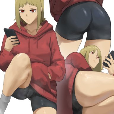 chainsaw man, sawatari akane, noras, 1girls, ass, big ass, bike shorts, cameltoe, female, female only, phone, red eyes, short hair, shorts, solo