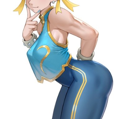 capcom, street fighter, street fighter alpha, chun-li, cheshirrr, 1girls, arm behind back, bent over, bracelet, brown eyes, brown hair, female, female only, hair buns, looking at viewer