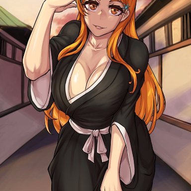 bleach, inoue orihime, redjet, background, big breasts, blue hairclip, cleavage, female, female focus, female only, hand on hair, japanese clothes, leaning forward, long hair, orange fur