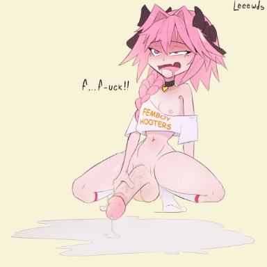 fate (series), femboy hooters, astolfo (fate), leeewds, 1boy, big penis, blush, blush lines, bottomless, boy only, cum, cum puddle, cumming, drooling, excessive cum