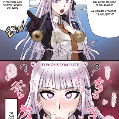 danganronpa, kirigiri kyouko, akizora, 1girls, :&gt;=, before and after, big breasts, blowjob, blowjob face, breasts, busty, curvaceous, curvy, curvy body, curvy female