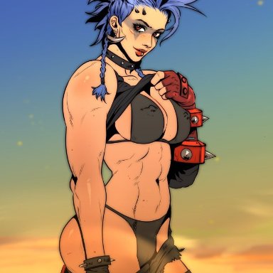 blizzard entertainment, overwatch, junker queen, randgris, 1girls, bikini, blue hair, breasts, cleavage, clothed, mohawk, muscular, nipples visible through clothing, solo, standing