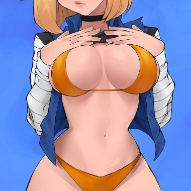 dragon ball z, android 18, flytrapxx, 1girls, bikini, blonde hair, blue eyes, blush, lifting shirt, looking away, solo