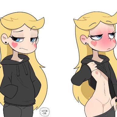 disney, disney channel, disney xd, star vs the forces of evil, star butterfly, koton san, black clothing, blonde female, blonde hair, blush, breasts, collarbone, embarrassed, exposed breasts, exposed nipples