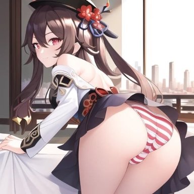 genshin impact, hu tao (genshin impact), alternate costume, ass, bare shoulders, bed, blush, breasts, brown hair, cameltoe, come hither, detached sleeves, female, from behind, hat