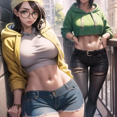 valorant, killjoy (valorant), beanie, beanie hat, belt, clone, clones, crop top, glasses, jeans, jogging, midriff, navel, pants, shorts