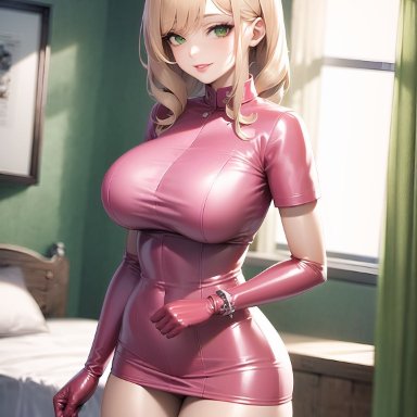 stable diffusion, blonde hair, female focus, female only, latex, latex suit, looking at viewer, nurse cap, nurse uniform, seductive look, shiny clothes, short hair, skin tight, skindentation, tight clothing