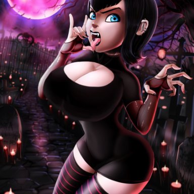 hotel transylvania, mavis dracula, shadman, 1girls, ass in dress, black hair, blood moon, blue eyes, breast expansion, breasts, bridal gauntlets, cleavage, cleavage cutout, dress, ear piercing