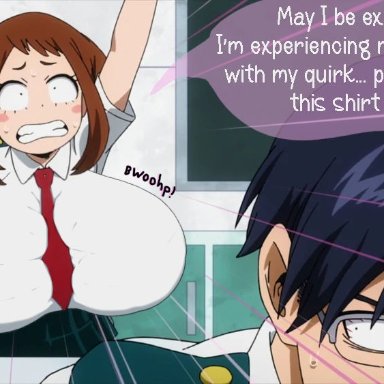 my hero academia, ochako uraraka, tenya iida, booberries morphs, 1girls, big breasts, breast expansion, brown hair, classroom, growing out of clothes, huge breasts, large breasts, massive breasts, school, school uniform