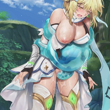 genshin impact, lumine (genshin impact), cyclone, cyclone (reizei), big breasts, blonde hair, blush, drool, embarassed, monster rape, partially clothed, pussy juice, rape, slime, slime monster