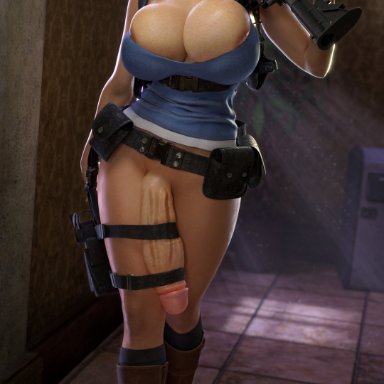 resident evil, resident evil 3, resident evil 3 remake, jill valentine, jill valentine (sasha zotova), unnero1, 1futa, areolae, big breasts, big penis, breasts, brown-tinted eyewear, brown hair, bursting breasts, firearm